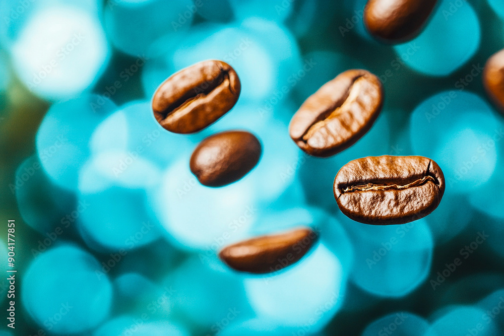 Coffee beans close up falling and pouring into the air with a blurred background Coffee beans close up falling and pouring into the air with a blurred background