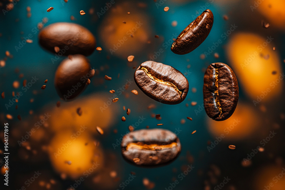 Coffee beans close up falling and pouring into the air with a blurred background Coffee beans close up falling and pouring into the air with a blurred background