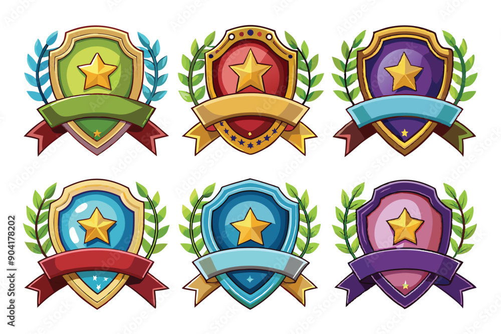 Obraz premium Six Colorful Cartoon Shields with Stars, Laurels, and Ribbons