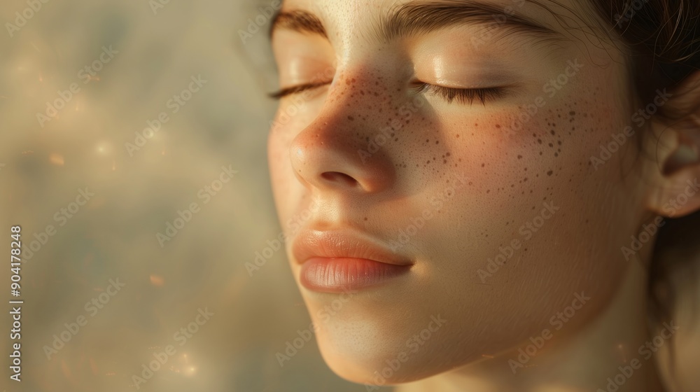 Close-Up Portrait of a Serene Woman with Freckles Relaxing in Natural Sunlight with Eyes Closed, Emphasizing Tranquility and Peace in a Warm Setting, Ideal for Mindfulness and Wellness Concepts Close-Up Portrait of a Serene Woman with Freckles Relaxing in Natural Sunlight with Eyes Closed, Emphasizing Tranquility and Peace in a Warm Setting, Ideal for Mindfulness and Wellness Concepts