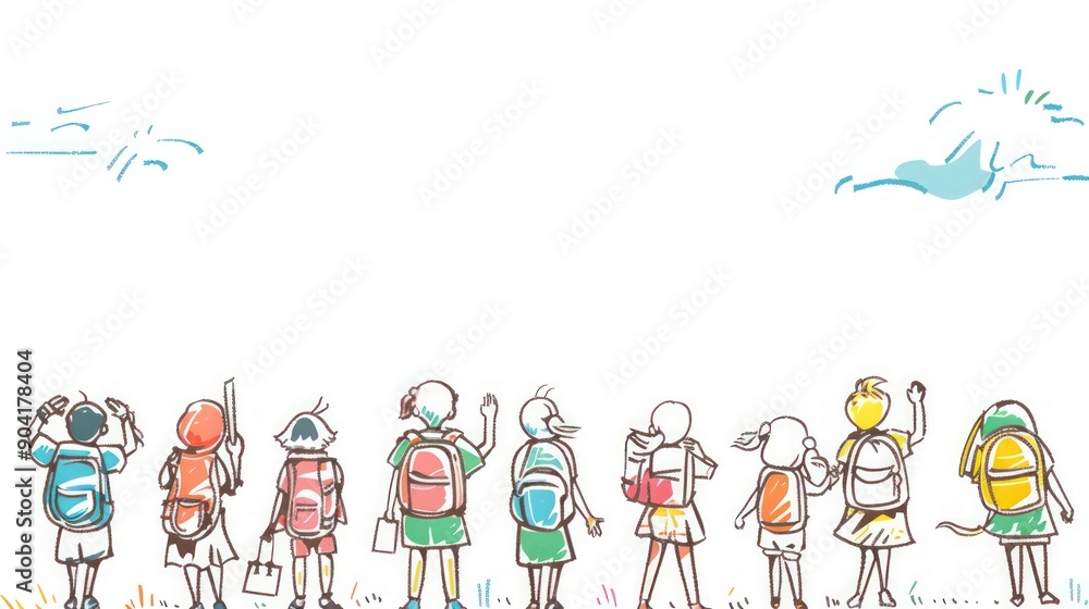 A group of children are standing in a field with backpacks. The sky is blue and there is a bird flying in the background. Scene is cheerful and playful A group of children are standing in a field with backpacks. The sky is blue and there is a bird flying in the background. Scene is cheerful and playful