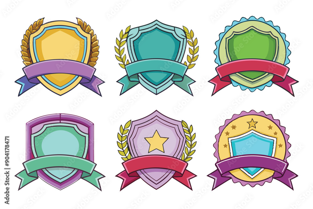 Collection of Six Colorful Award Badges with Ribbons and Laurel Wreaths Collection of Six Colorful Award Badges with Ribbons and Laurel Wreaths