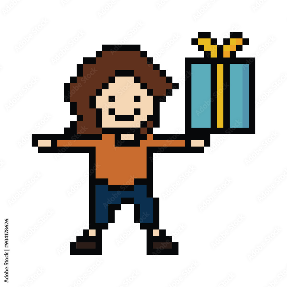 Fototapeta premium Cute pixel cartoon 8bit character woman give gift box birthday christmas bonus reward surprise decoration 8 bit female girl give gift box shopping bonus christmas day game png vector.