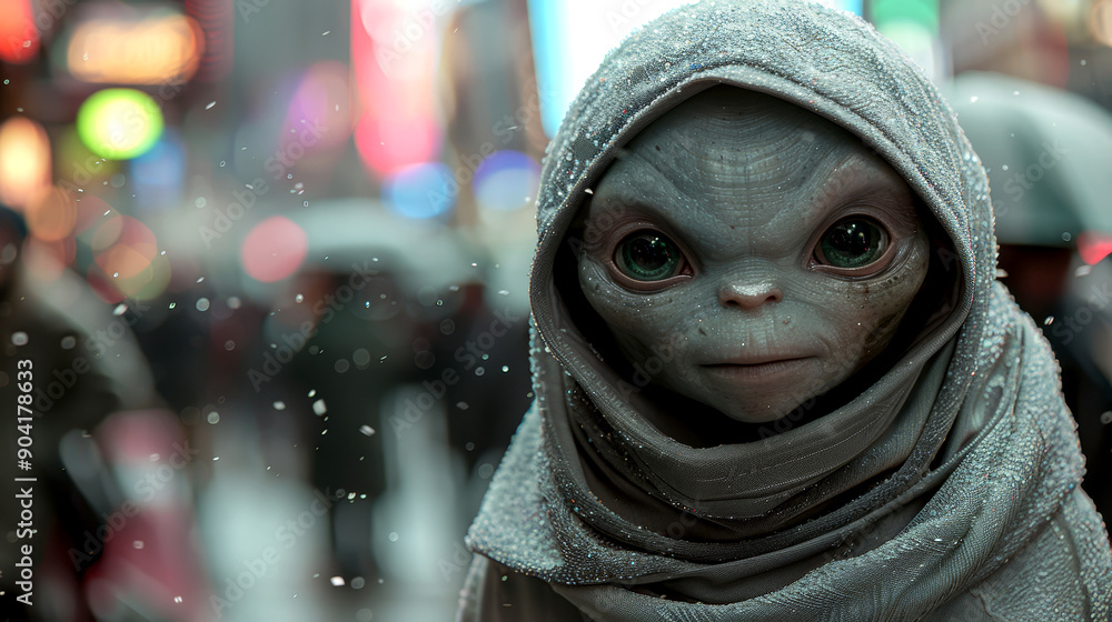 Portrait of a hooded alien among people against the backdrop of a winter cityscape Portrait of a hooded alien among people against the backdrop of a winter cityscape