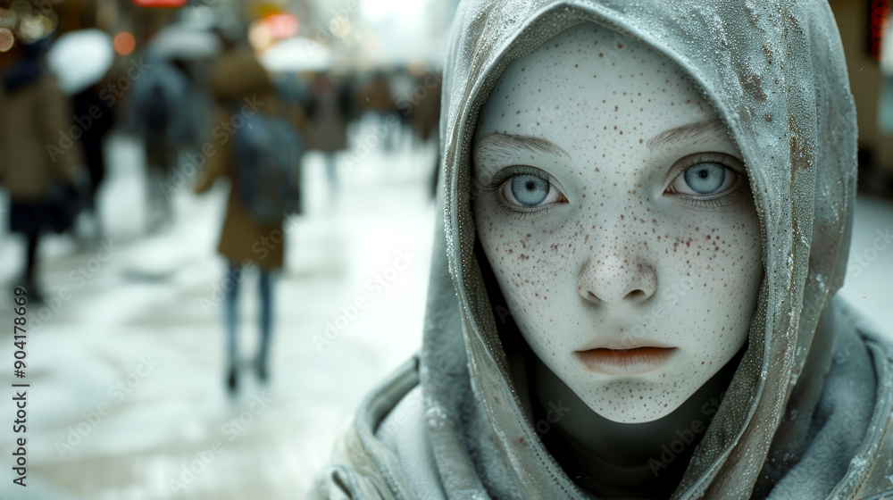 Alien girl in a hood on a city street surrounded by blurred lights and passersby Alien girl in a hood on a city street surrounded by blurred lights and passersby