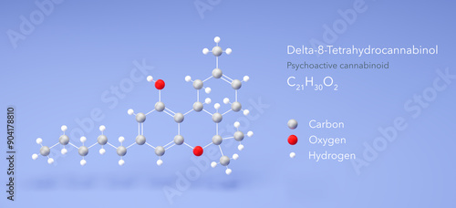 delta-8-tetrahydrocannabinol molecule, molecular structure, delta-8-thc, 3d model, Structural Chemical Formula and Atoms with Color Coding photo