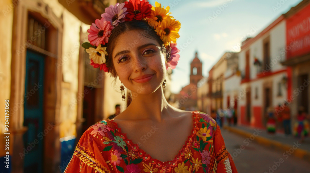 Fototapeta premium A young woman wearing traditional attire enjoys a vibrant fiesta in a sunny, historic Mexican street
