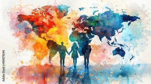 A watercolor world map with a silhouette of a family holding hands. The map is in vibrant colors and symbolizes global connection. photo