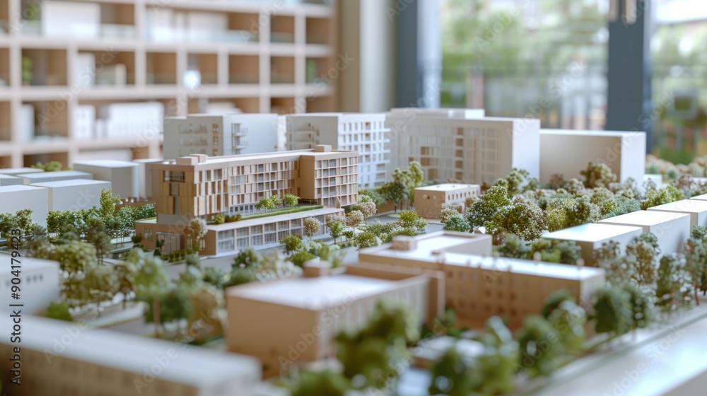 Generate a photo realistic image of a maquette illustrating urban revitalization efforts with renovated buildings, green spaces, and community facilities; ensure the image is of high resolution Generate a photo realistic image of a maquette illustrating urban revitalization efforts with renovated buildings, green spaces, and community facilities; ensure the image is of high resolution