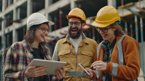 Construction, teamwork, and pals giggling on a tablet during an architecture project. Building or portrait of an engineer, designer, and technician laughing.