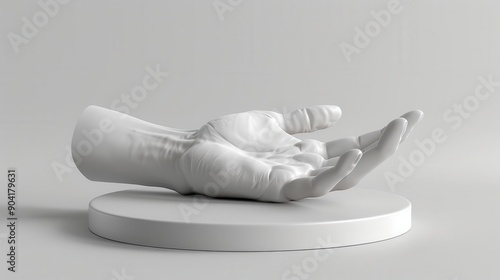 A white ceramic hand sculpture with an open palm, resting on a circular base. The hand appears to be offering something.