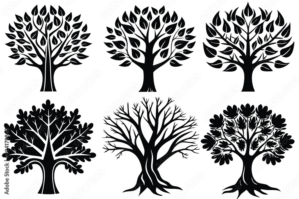 Obraz premium Collection of Six Black and White Tree Silhouettes