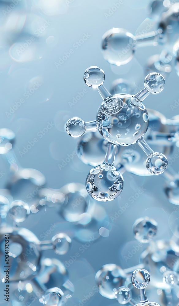 Close-up of water molecules in a blue background. Science, chemistry, and molecular structure concept Close-up of water molecules in a blue background. Science, chemistry, and molecular structure concept