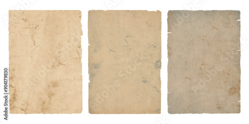 Old vintage dirty paper texture with ripped torn edges. Antique ragged stained paper set