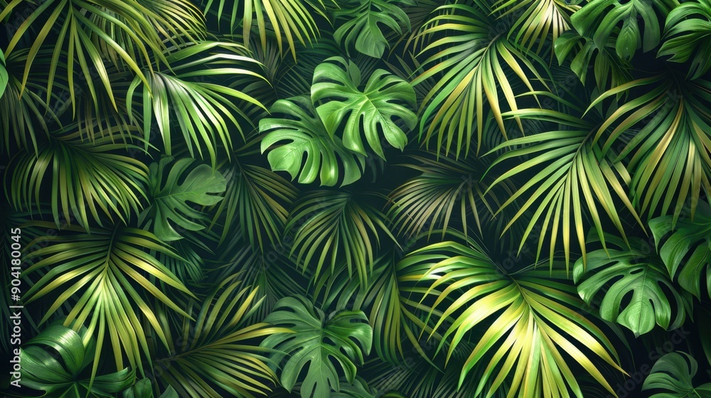 Green tropical palm leaves creating a minimalistic jungle or forest pattern, perfect for nature-themed designs. Green tropical palm leaves creating a minimalistic jungle or forest pattern, perfect for nature-themed designs.