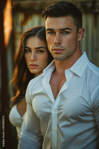 Young Couple Posing Together in Front of Rustic Background at Sunset