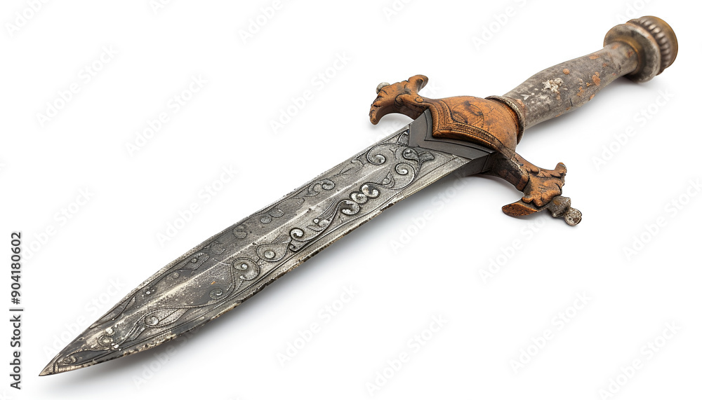 Rusty Antique Dagger with Ornate Handle Isolated on white background Rusty Antique Dagger with Ornate Handle Isolated on white background