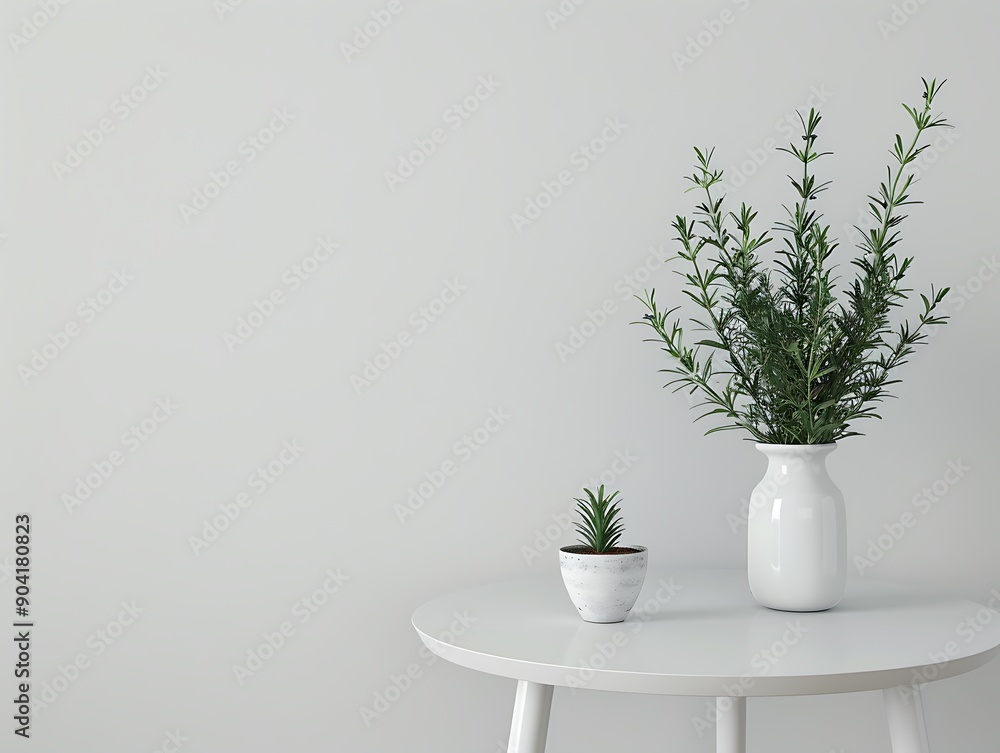 White round table, white vase, rosemary in flowerpot, minimalistic design, plain white wall, HD capture. White round table, white vase, rosemary in flowerpot, minimalistic design, plain white wall, HD capture.