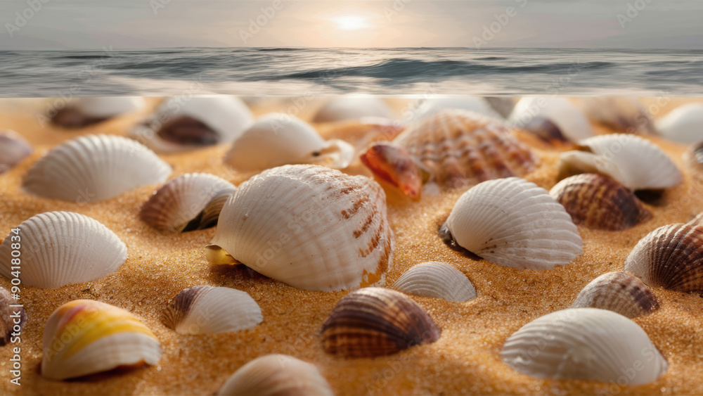 A bunch of shells are scattered on the sand near a body of water, AI A bunch of shells are scattered on the sand near a body of water, AI