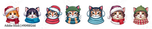 Cute cat dressed in winter outfits, scarf, Santa hat, earmuffs, beanie vector illustration set, Generative AI
