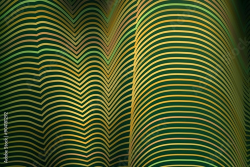 Abstract green and gold wavy striped pattern.