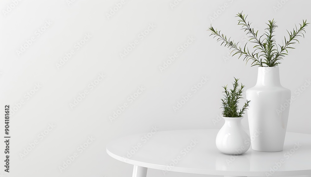 White round table, white vase, rosemary in flowerpot, minimalistic design, plain white wall, HD photo. White round table, white vase, rosemary in flowerpot, minimalistic design, plain white wall, HD photo.