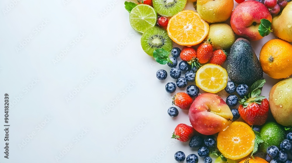 A close-up of a mixed fruit frame with various fruits forming a border on a white background, accented with water drops to highlight the freshness and textures of the fruits. Copy space. A close-up of a mixed fruit frame with various fruits forming a border on a white background, accented with water drops to highlight the freshness and textures of the fruits. Copy space.
