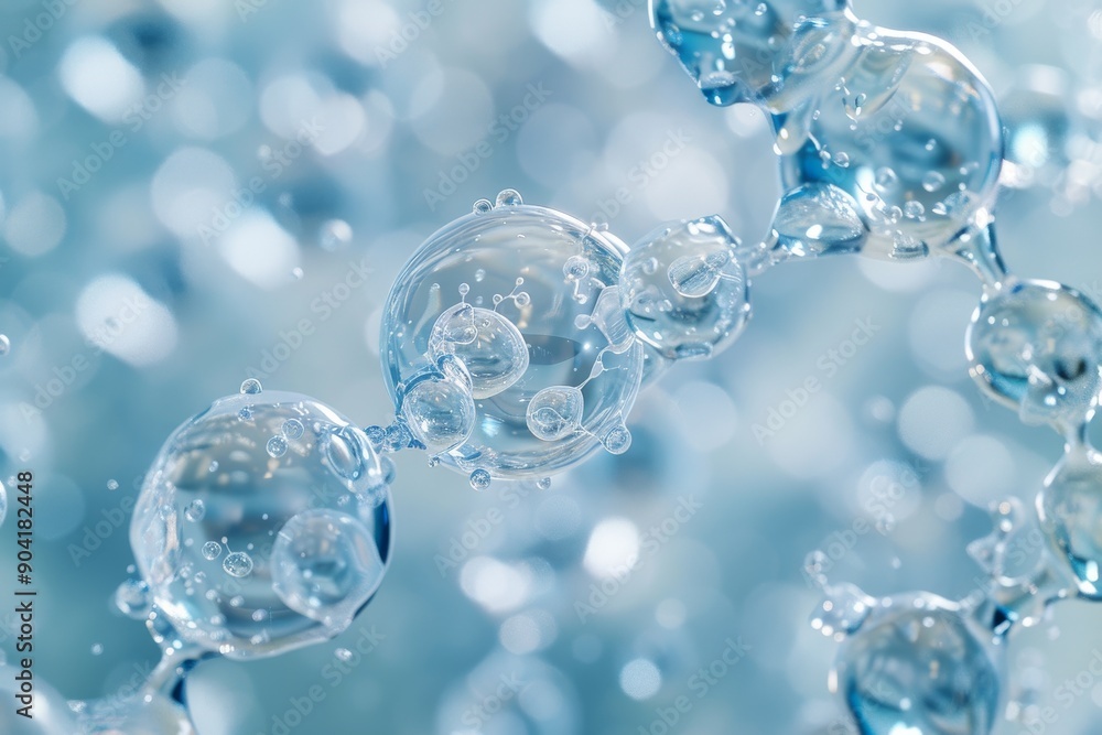 Close-up of water molecules forming a chain in a blue abstract background Close-up of water molecules forming a chain in a blue abstract background