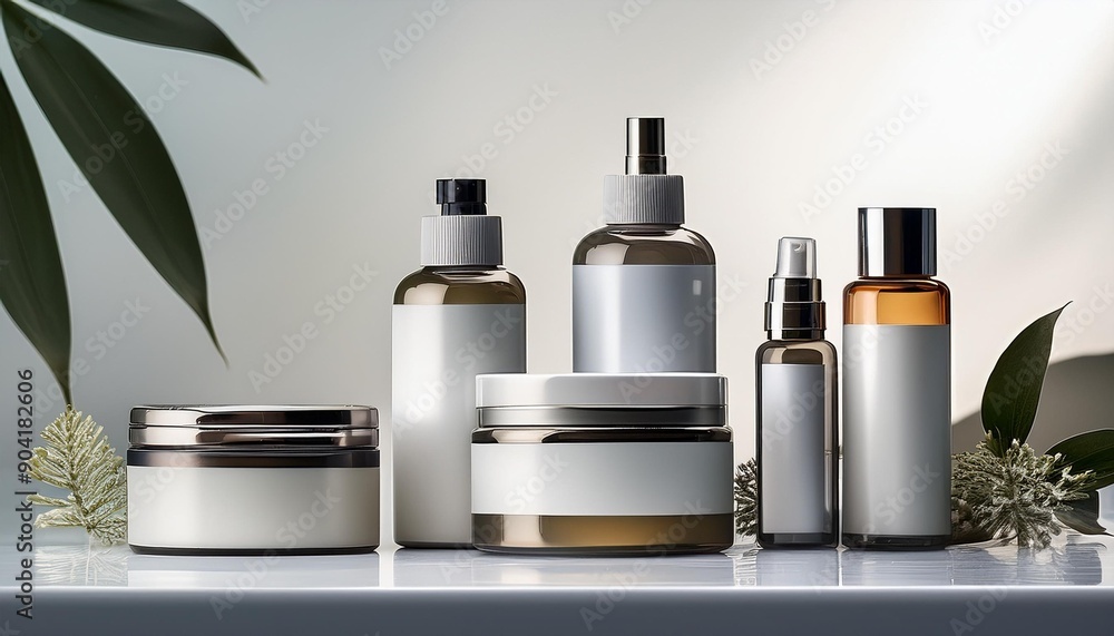 High-end skincare bottles and jars displayed on a clean white surface.
High-end skincare bottles and jars displayed on a clean white surface.