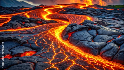 Bright molten lava flowing on cracked volcanic rock , heat, energy, intense, fiery, liquid, flowing, eruption, danger