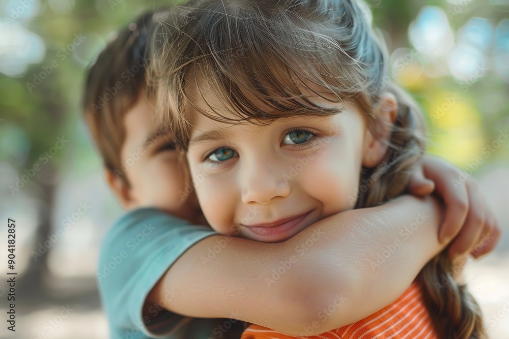 Child comforting a friend with a hug Child comforting a friend with a hug
