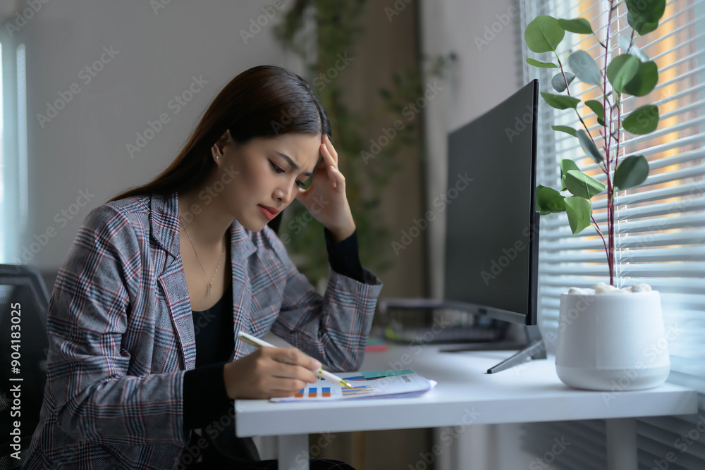 Young Professional Woman Working at Desk with Computer and Documents in Modern Office Setting Young Professional Woman Working at Desk with Computer and Documents in Modern Office Setting