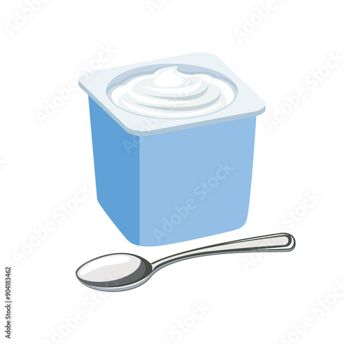 White natural yogurt in plastic cup vector illustration. White plain yogurt cup and spoon icon vector isolated on a white background. Yoghurt in a blue plastic container drawing