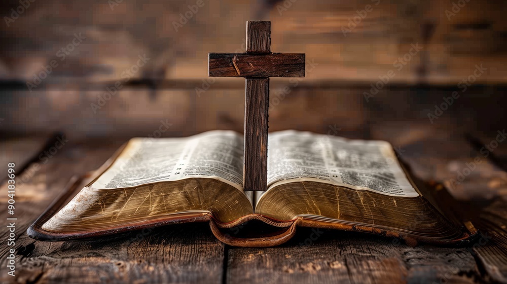 Wooden Cross Standing on Open Bible on Wooden Table Wooden Cross Standing on Open Bible on Wooden Table
