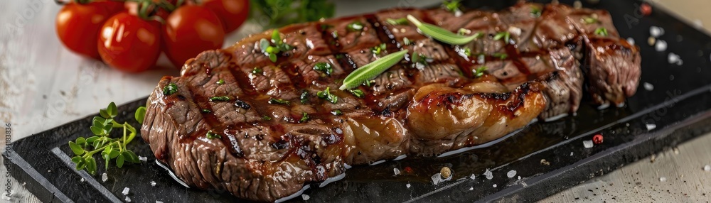 Juicy grilled steak garnished with herbs, served on a black stone plate with fresh tomatoes. Perfect for food lovers and chefs. Juicy grilled steak garnished with herbs, served on a black stone plate with fresh tomatoes. Perfect for food lovers and chefs.