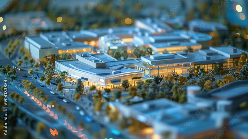 Obraz premium Generate a photo realistic image of a maquette illustrating the expansion of a shopping mall with new stores, dining options, and entertainment areas; ensure the image is of high resolution