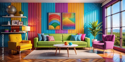 Bright and vibrant pop art style living room interior featuring colorful furniture and wall decor, pop art, colorful