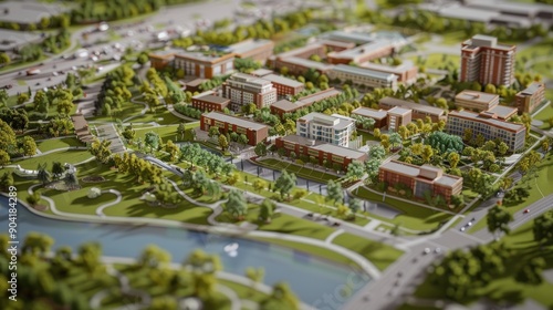 Generate a photo realistic image of a maquette illustrating urban redevelopment with revitalized neighborhoods, green spaces, and sustainable infrastructure