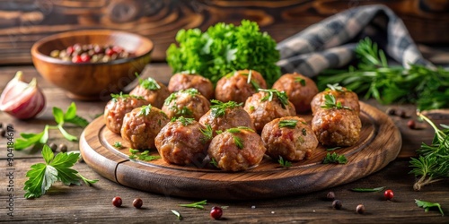 Wallpaper Mural Meatballs with herbs on rustic kitchen backdrop, meatballs, herbs, homemade, cooking, recipe, Italian, savory, delicious, food Torontodigital.ca