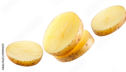  Flying Potato Slices- Fresh raw potato slices flying isolated on white, dynamic and det_1(145) photo