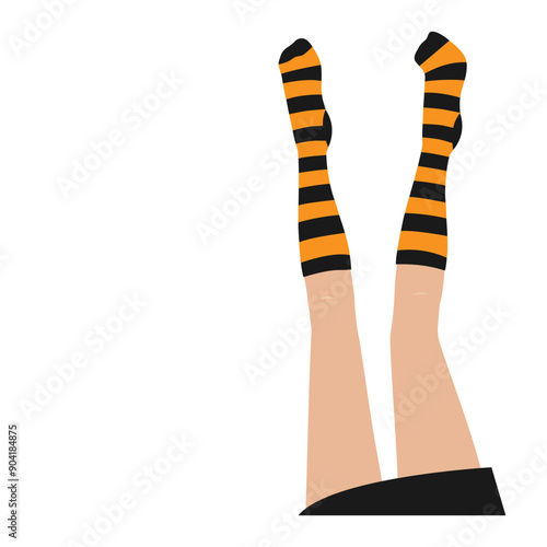Women legs in striped black and orange socks. October banner for Halloween holiday party. Vector design element.
