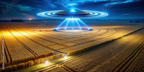 UFO creating crop circles in a field at night, UFO, crop circles, mysterious, night, light photo