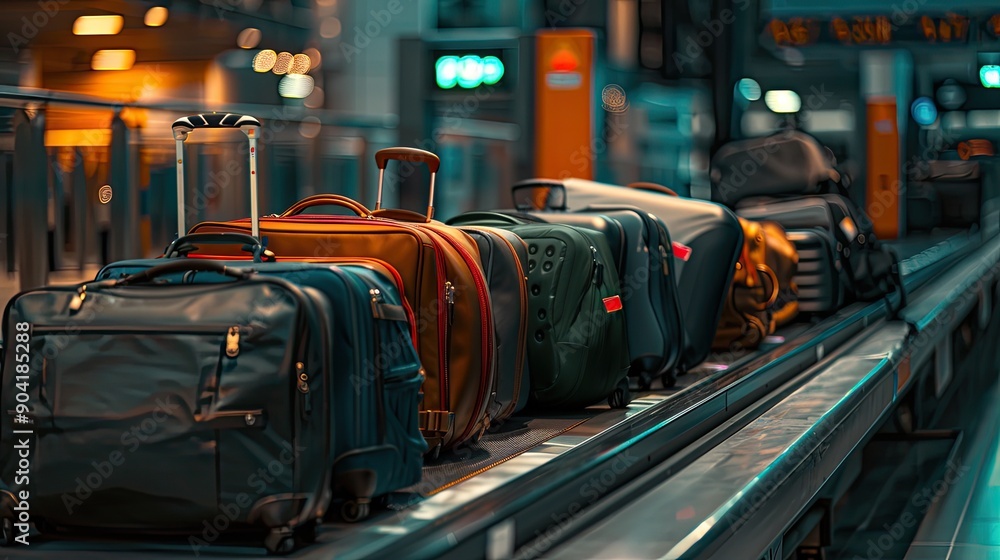 Obraz premium Suitcases and bags on a conveyor belt in an airport