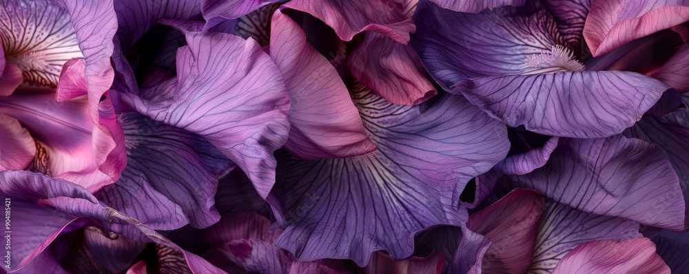 Close-up of purple iris petals, gracefully arranged on a floral backdrop, highlighting their exotic beauty and rich color. Close-up of purple iris petals, gracefully arranged on a floral backdrop, highlighting their exotic beauty and rich color.