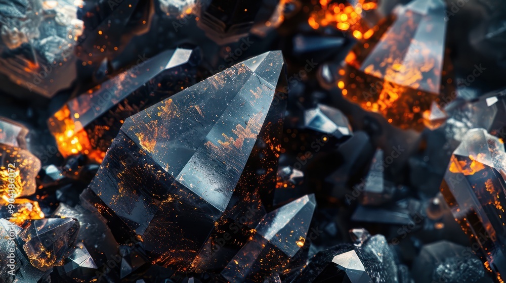 Fototapeta premium Close-Up of Shiny Black Crystals with Orange Mineral Inclusions