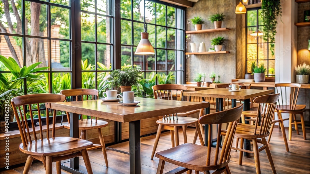 Cozy cafe setting with wooden table and chairs , cafe, restaurant, interior, cozy, wood, furniture, dining, table setting Cozy cafe setting with wooden table and chairs , cafe, restaurant, interior, cozy, wood, furniture, dining, table setting