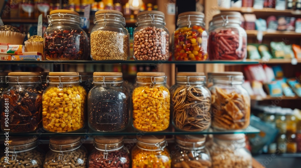 Home food storage room. Various jars with Home Canning Fruits and Vegetables jam on shelves. Home food storage room. Various jars with Home Canning Fruits and Vegetables jam on shelves.