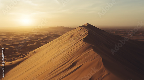 Aerial view of the top of an enormous sand dune in the Sahara desert