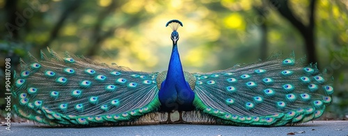 Close-Up of Peacock Displaying Feathers, Front View Full Body Shot - Wide Angle Nature Photography with Blue and Green Color Theme

