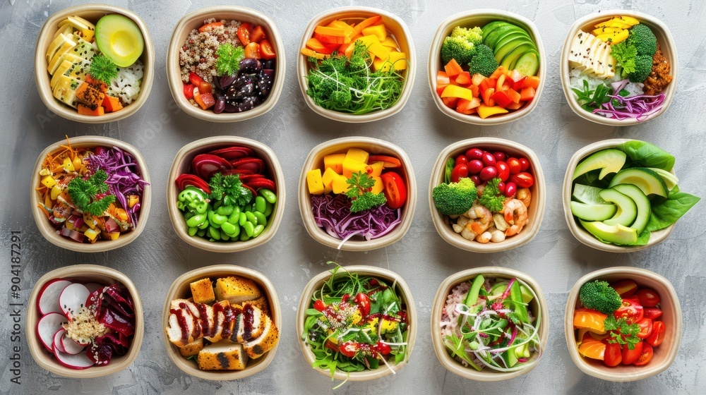 Disposable eco-friendly paper containers with healthy takeout food and beverages on a gray background, viewed from above. The selection includes fresh salad, soup, poke bowl, buddha bowl, fruits, Disposable eco-friendly paper containers with healthy takeout food and beverages on a gray background, viewed from above. The selection includes fresh salad, soup, poke bowl, buddha bowl, fruits,